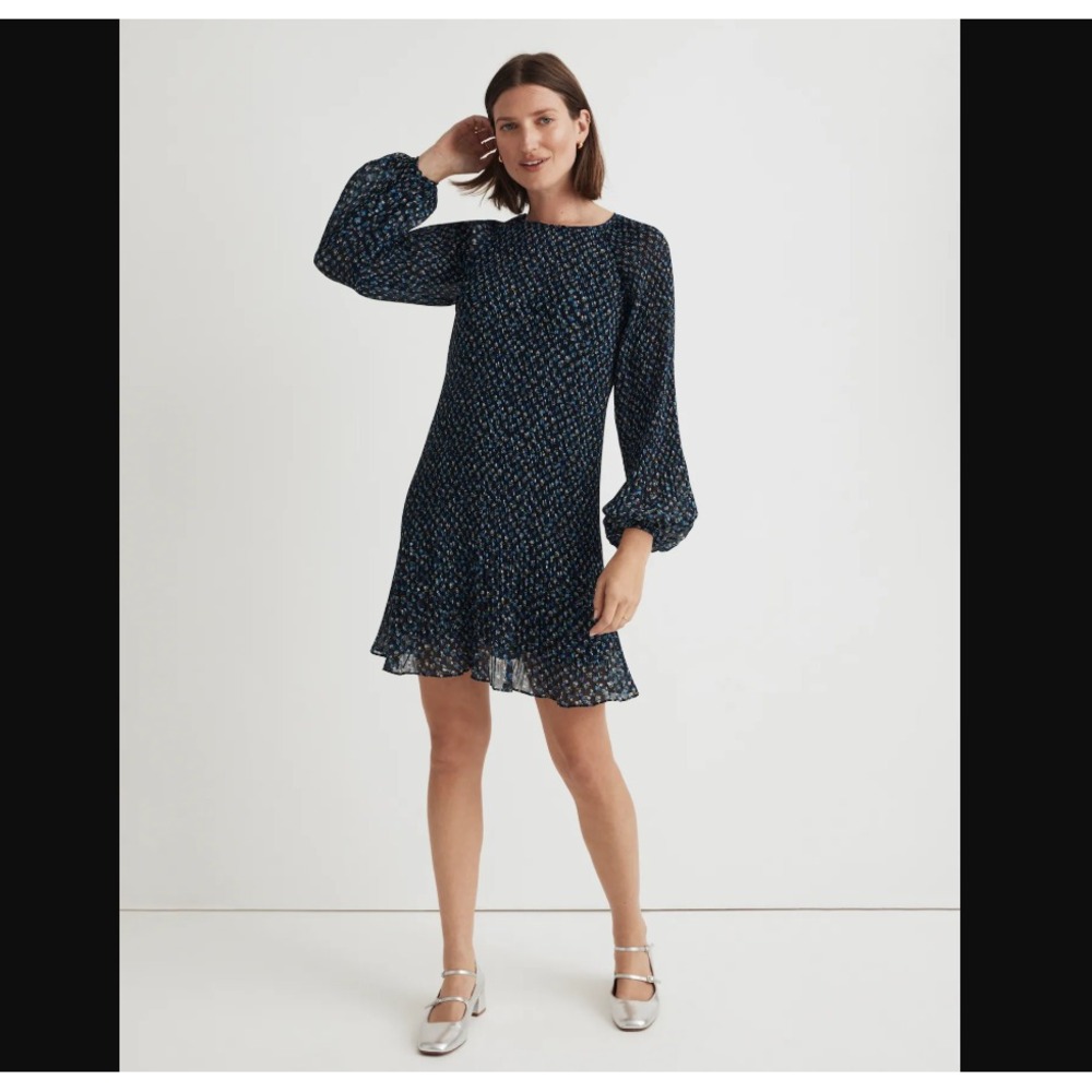 Madewell NEW NWT Womens‎ Large Blue Black Crinkle Georgette Mini Dress Floral